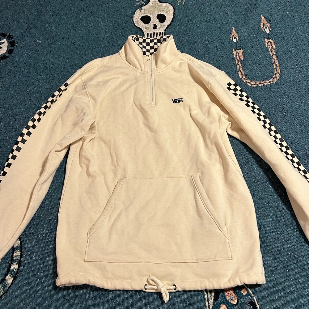 Vans Cream Hoodie with Black Checkered Pattern